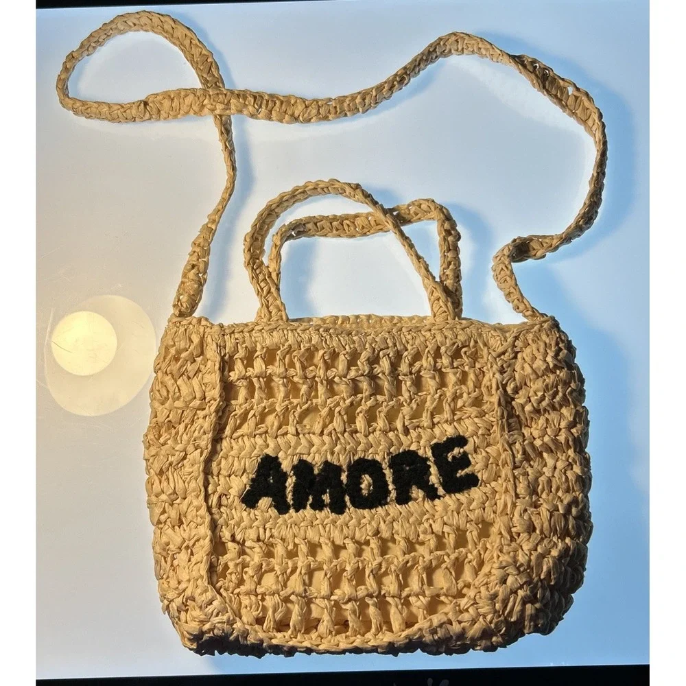 Universal Thread Amore Off-White Crocheted Raffia Top Handle Embroidered Bag
